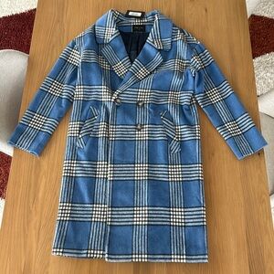 Knee length sky blue plaid coat, made by FRNCH, size M, tags on never worn
